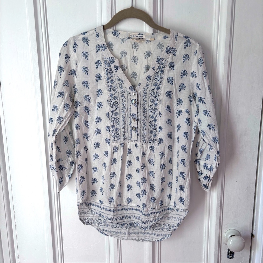 Women’s Fat Face #11 The Poppy Popover Blue & White Floral Blouse Size 2